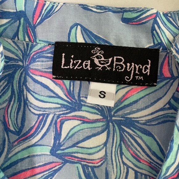 Liza Byrd Popover Top Size S Blue Pink Floral 3/4 Roll Tab Sleeve V Neck Beach - Picture 5 of 10